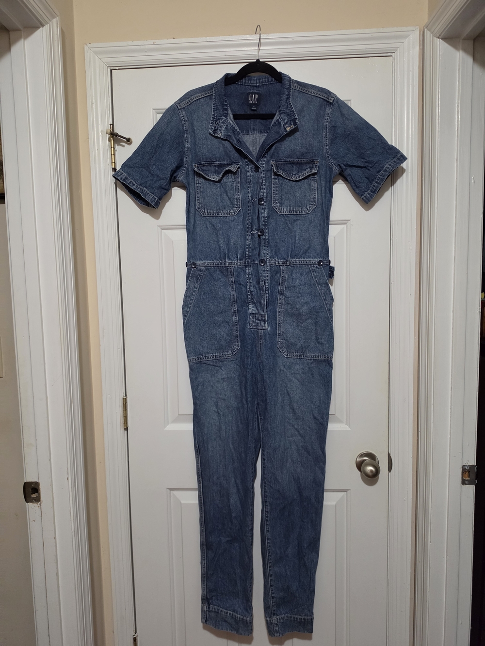 GAP Short-Sleeve Denim Jumpsuit in Blue Wash